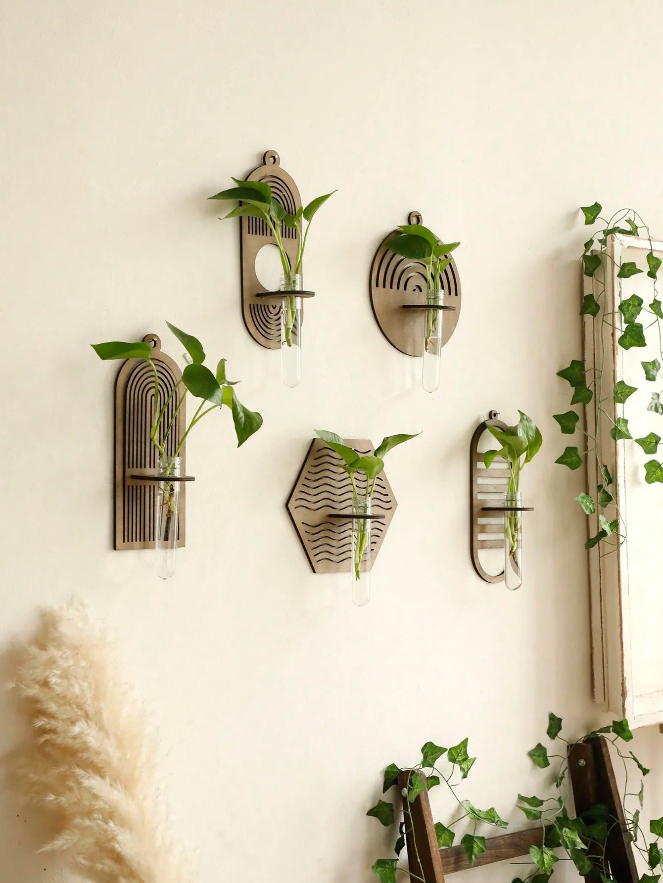 Jardinière murale pour plantes d'intérieur - Décoration murale en bois Boho - Jardinière suspendue - Décoration de la maison - Vases muraux pour fleurs séchées - La Mode Escape